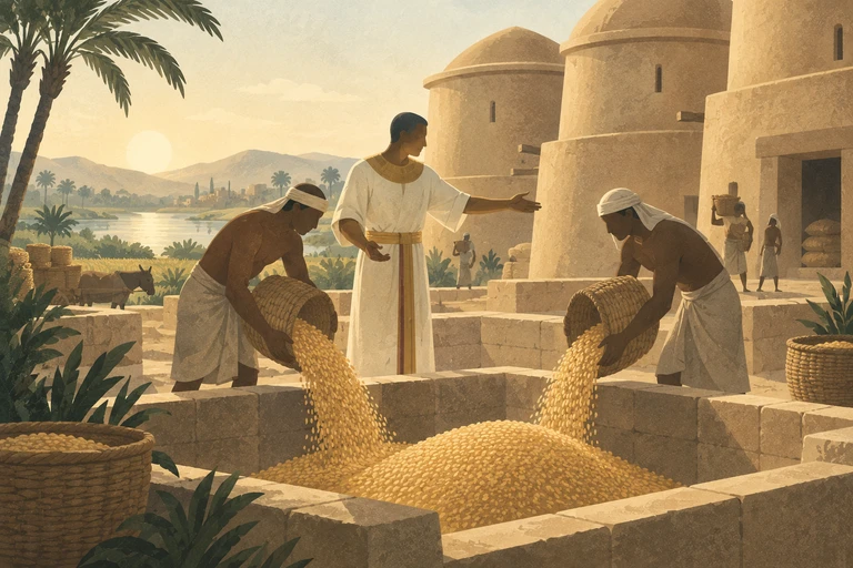 Joseph gathers grain for the years of famine