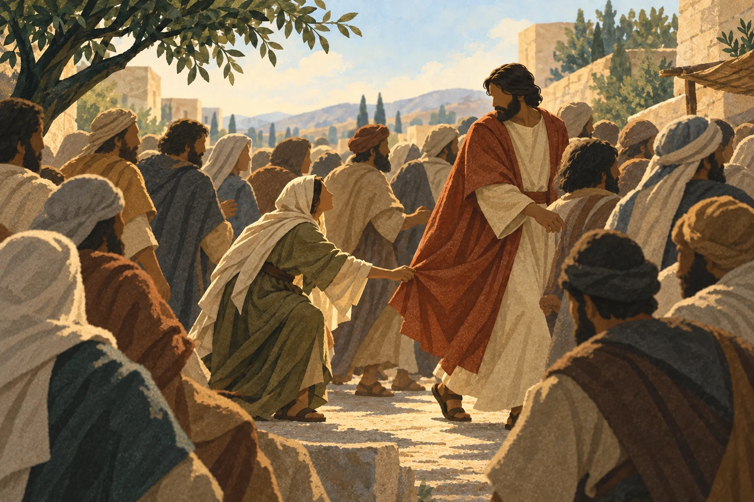A woman touches Jesus’ cloak as he turns toward her in the crowd