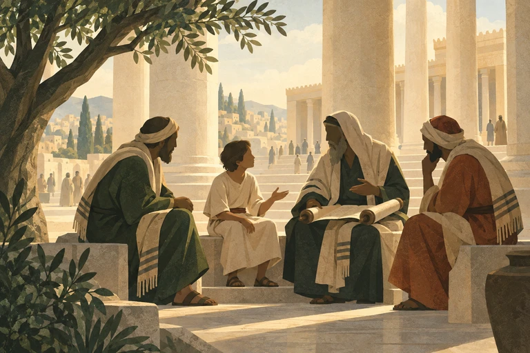 The young Jesus listens and asks questions in the temple