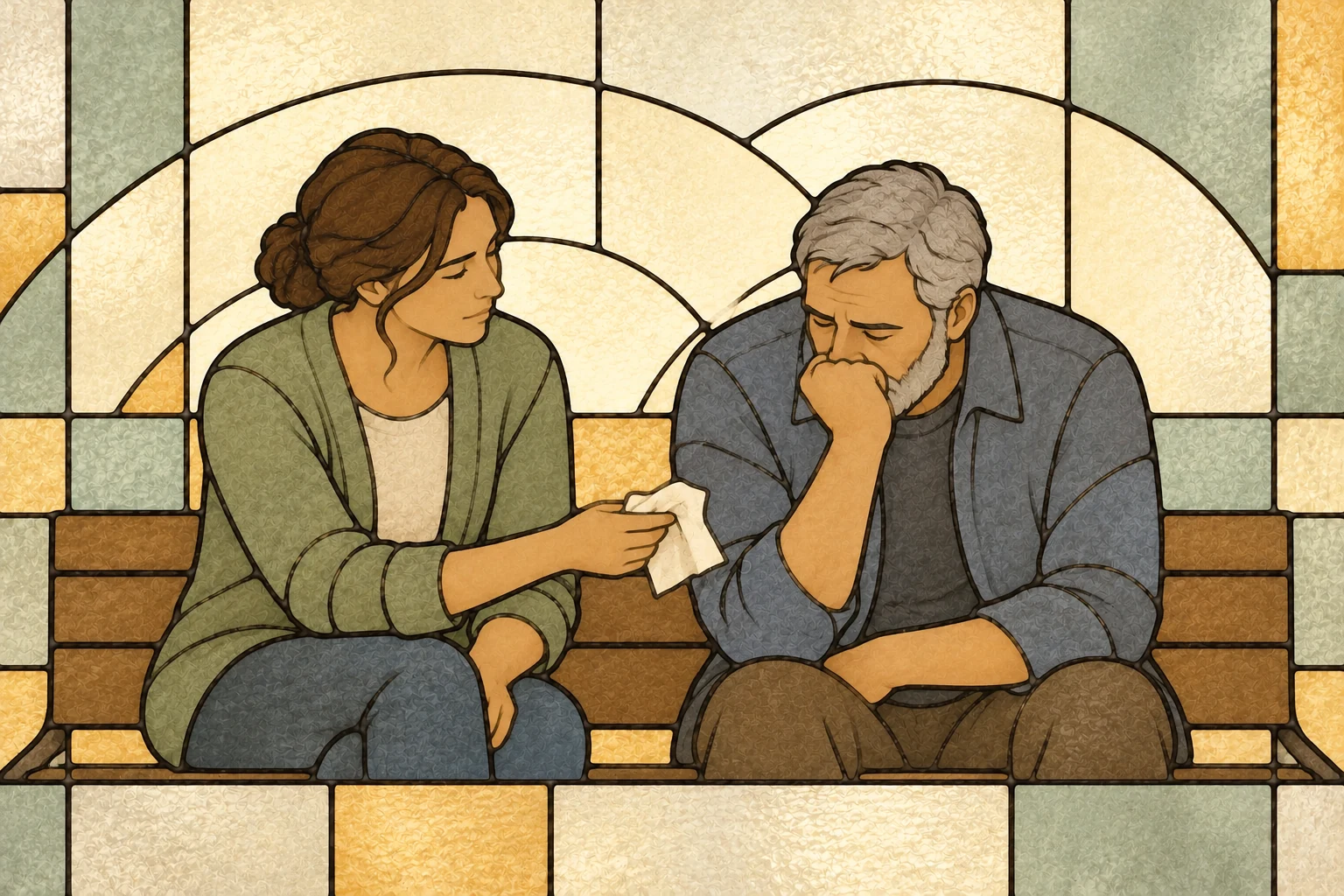 Stained-glass style illustration of a woman comforting a grieving man