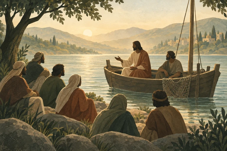 Jesus teaching a gathered crowd from Simon’s boat